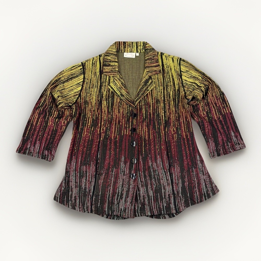 Paper Lace Button Front Jacket Womens Size‎ M Yellow Burgundy Abstract Stripe